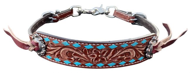 Showman Distressed Medium leather wither strap with teal rawhide lacing